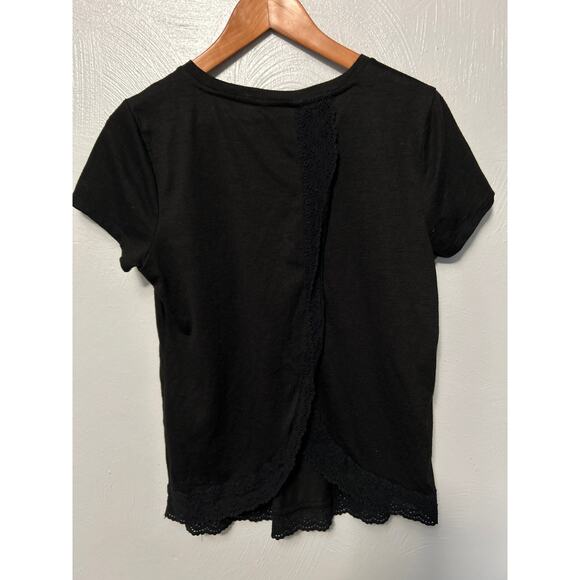 Lauren Conrad Black Short Sleeve Crew Neck Lace Trim Ruffle Open Back Tee Med - Picture 8 of 11